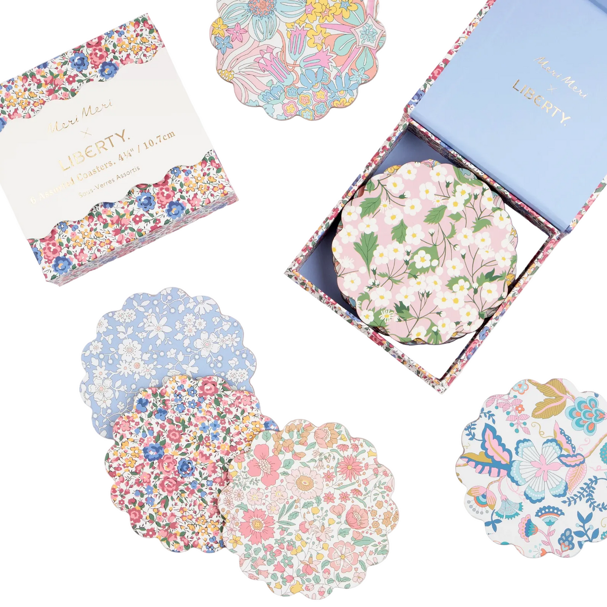 Meri Meri x Liberty mixed set of six floral print coasters with scalloped edges