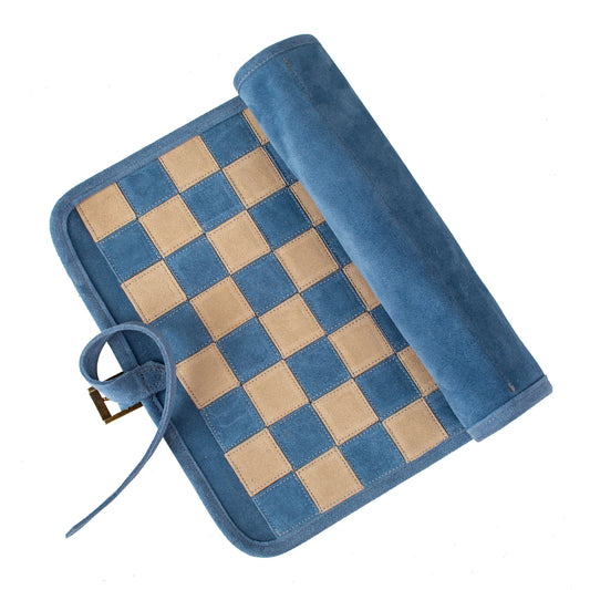 Manopoulos - Handcrafted Denim Blue Suede Roll-Up Chess Set with Metal Chessmen
