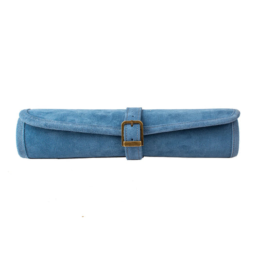 Manopoulos - Handcrafted Denim Blue Suede Roll-Up Chess Set with Metal Chessmen