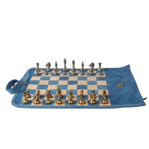 Manopoulos - Handcrafted Denim Blue Suede Roll-Up Chess Set with Metal Chessmen