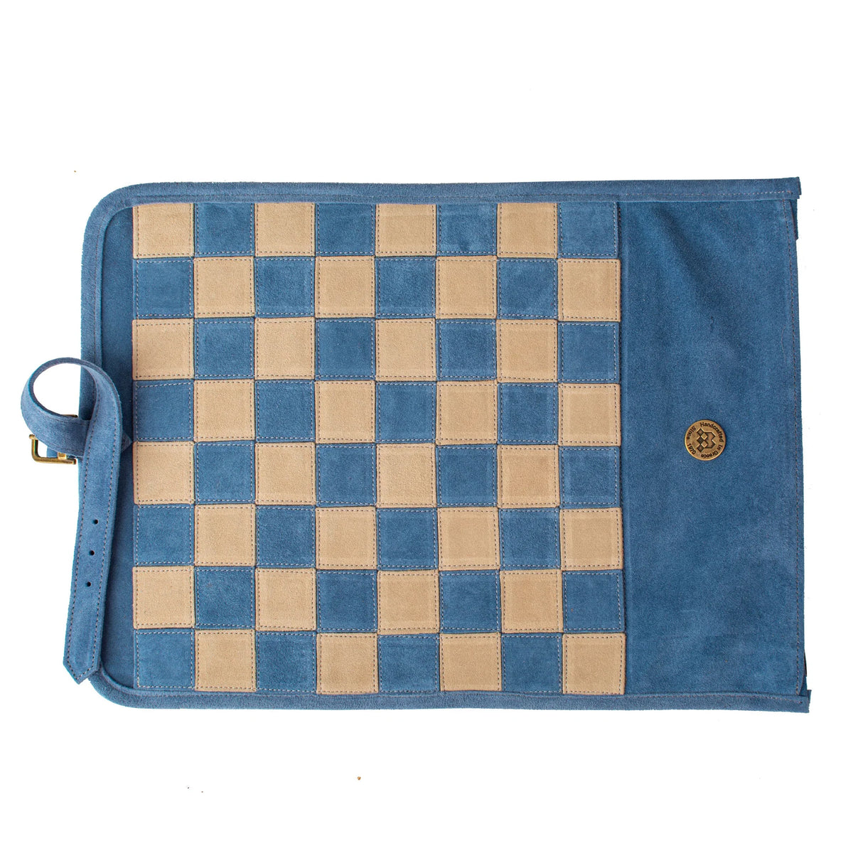 Manopoulos - Handcrafted Denim Blue Suede Roll-Up Chess Set with Metal Chessmen