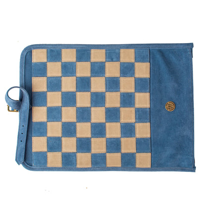 Manopoulos - Handcrafted Denim Blue Suede Roll-Up Chess Set with Metal Chessmen