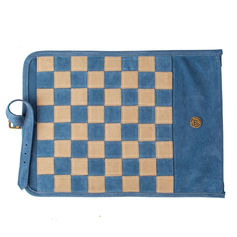 Manopoulos - Handcrafted Denim Blue Suede Roll-Up Chess Set with Metal Chessmen