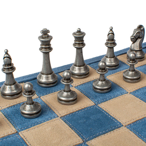 Manopoulos - Handcrafted Denim Blue Suede Roll-Up Chess Set with Metal Chessmen