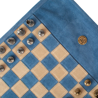Manopoulos - Handcrafted Denim Blue Suede Roll-Up Chess Set with Metal Chessmen