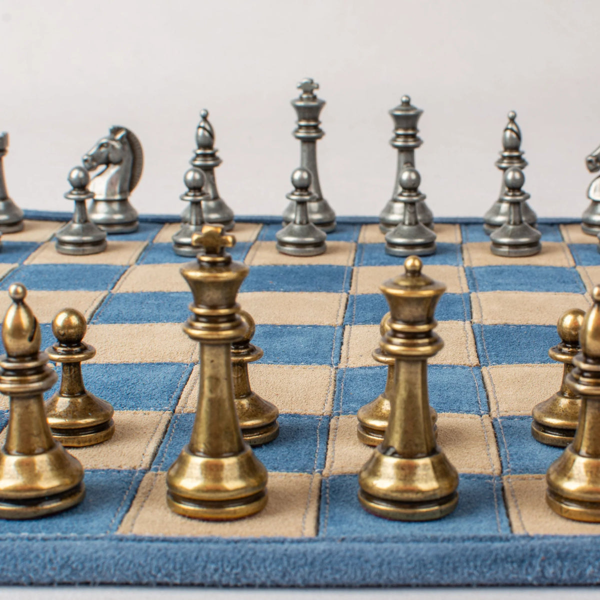 Manopoulos - Handcrafted Denim Blue Suede Roll-Up Chess Set with Metal Chessmen