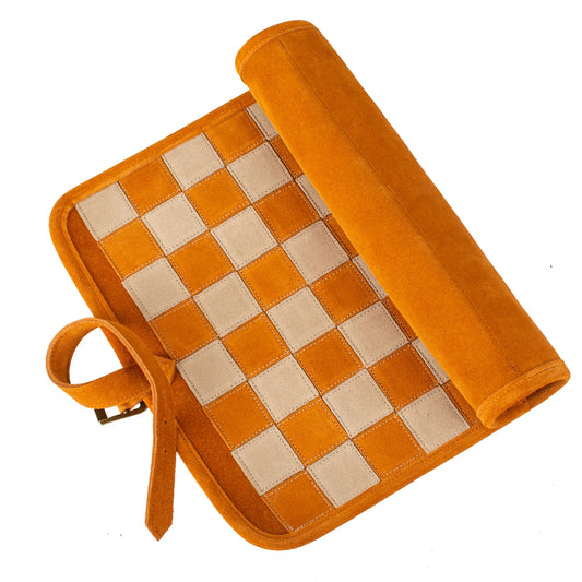 Manopoulos - Handcrafted Cinnamon Brown Suede Roll-Up Chess Set with Metal Chessmen