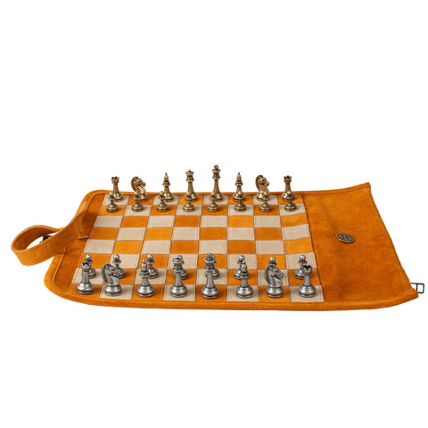 Manopoulos - Handcrafted Cinnamon Brown Suede Roll-Up Chess Set with Metal Chessmen