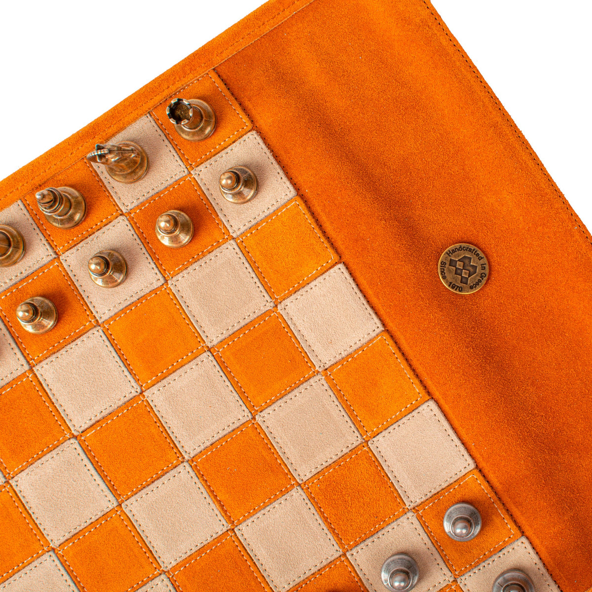 Manopoulos - Handcrafted Cinnamon Brown Suede Roll-Up Chess Set with Metal Chessmen
