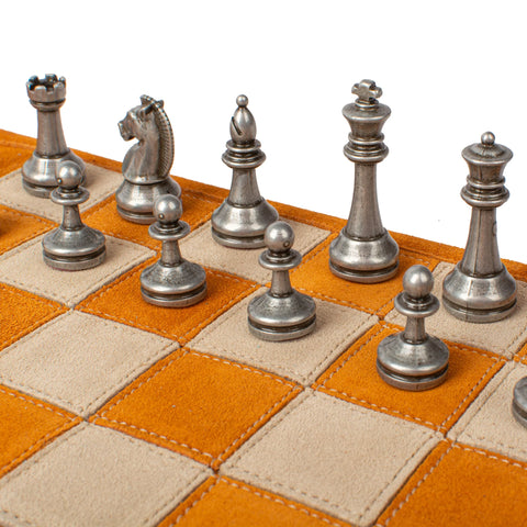 Manopoulos - Handcrafted Cinnamon Brown Suede Roll-Up Chess Set with Metal Chessmen