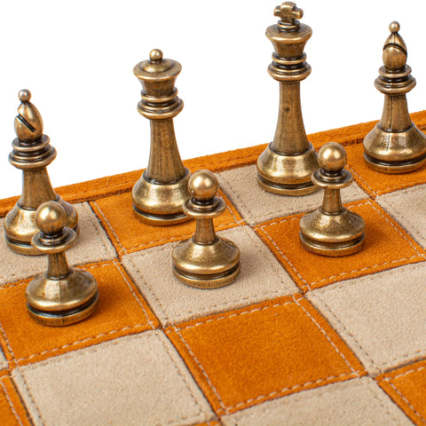 Manopoulos - Handcrafted Cinnamon Brown Suede Roll-Up Chess Set with Metal Chessmen