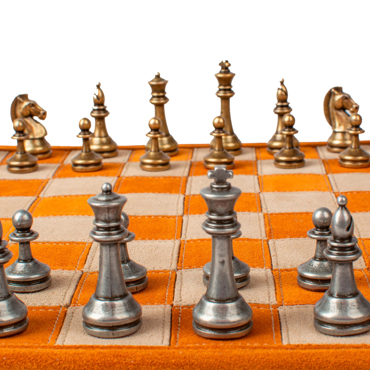 Manopoulos - Handcrafted Cinnamon Brown Suede Roll-Up Chess Set with Metal Chessmen