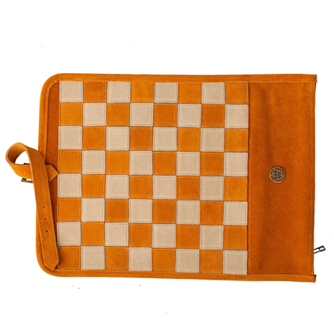Manopoulos - Handcrafted Cinnamon Brown Suede Roll-Up Chess Set with Metal Chessmen