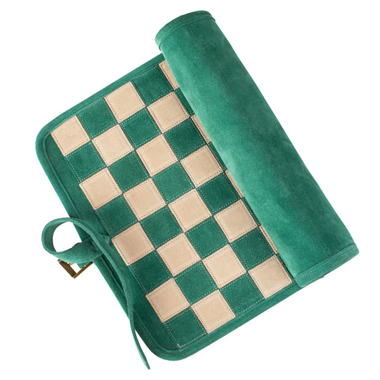 Manopoulos - Handcrafted Forest Green Suede Roll-Up Chess Set with Metal Chessmen