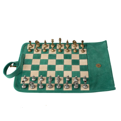 Manopoulos - Handcrafted Forest Green Suede Roll-Up Chess Set with Metal Chessmen