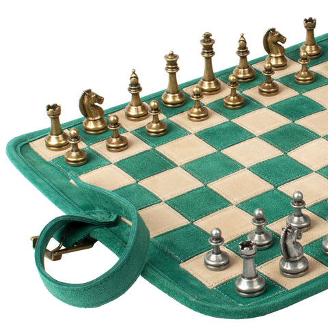 Manopoulos - Handcrafted Forest Green Suede Roll-Up Chess Set with Metal Chessmen