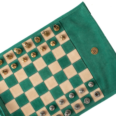 Manopoulos - Handcrafted Forest Green Suede Roll-Up Chess Set with Metal Chessmen