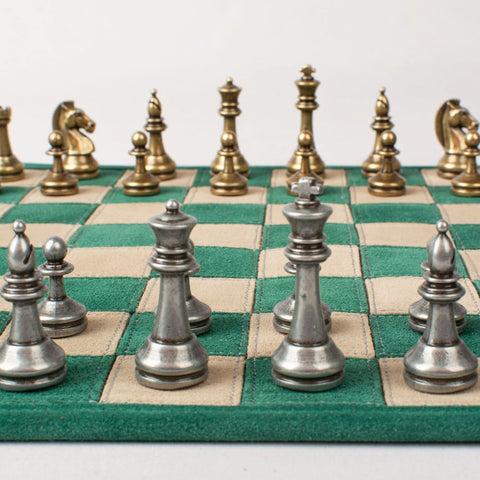 Manopoulos - Handcrafted Forest Green Suede Roll-Up Chess Set with Metal Chessmen