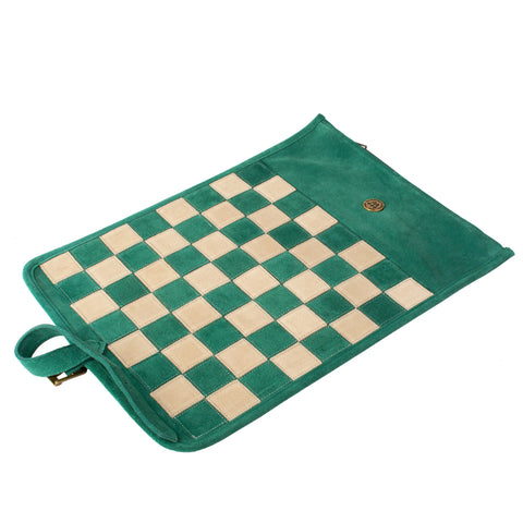 Manopoulos - Handcrafted Forest Green Suede Roll-Up Chess Set with Metal Chessmen