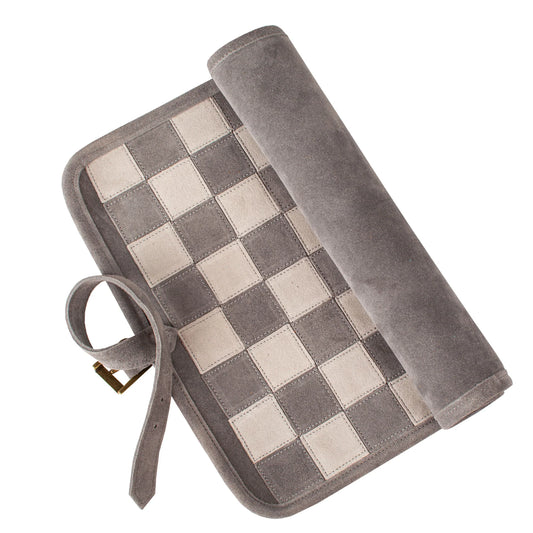 Manopoulos - Handcrafted Grey Suede Roll-Up Chess Set with Metal Chessmen