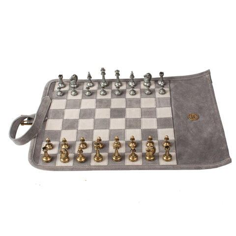 Manopoulos - Handcrafted Grey Suede Roll-Up Chess Set with Metal Chessmen