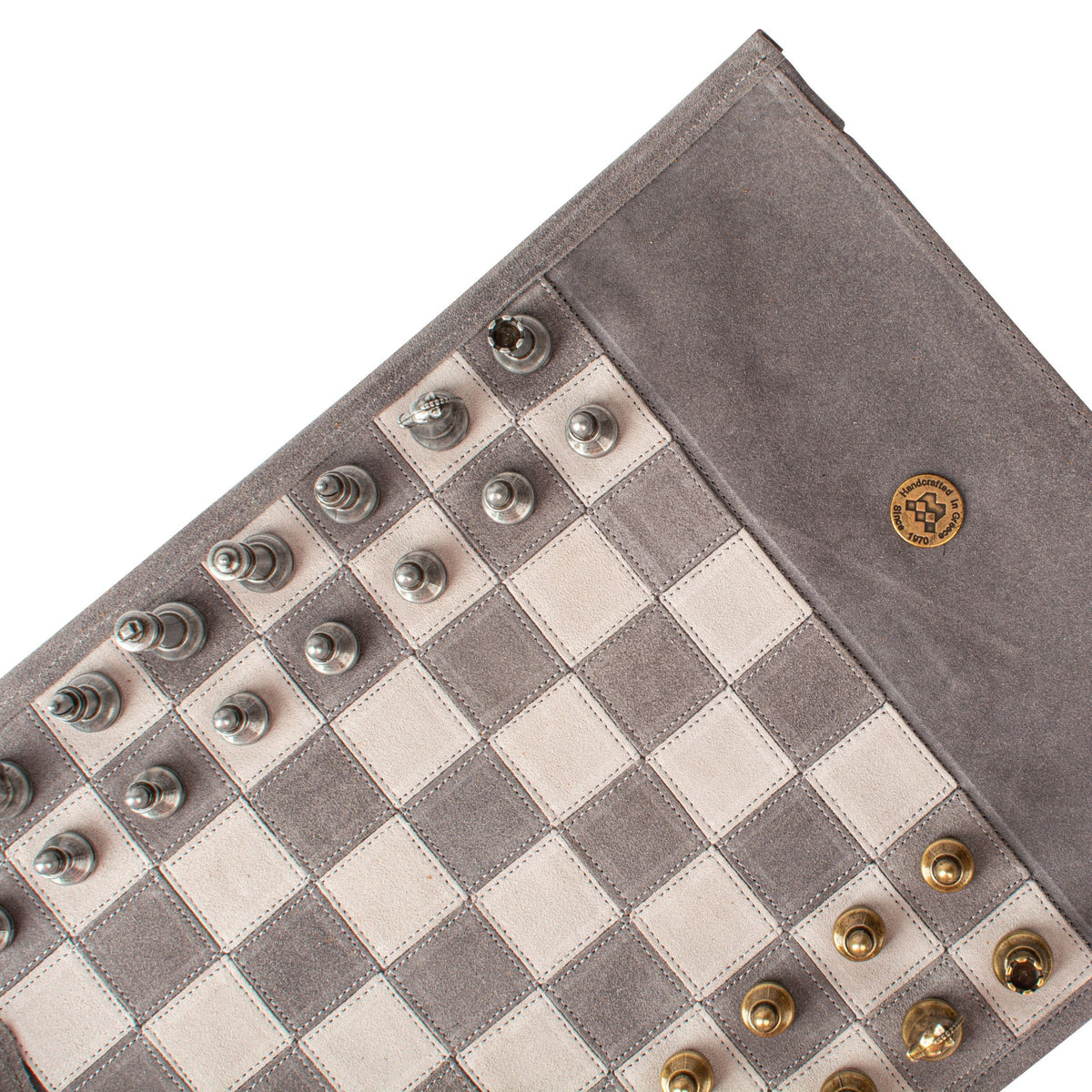 Manopoulos - Handcrafted Grey Suede Roll-Up Chess Set with Metal Chessmen