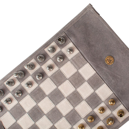 Manopoulos - Handcrafted Grey Suede Roll-Up Chess Set with Metal Chessmen