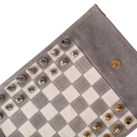 Manopoulos - Handcrafted Grey Suede Roll-Up Chess Set with Metal Chessmen