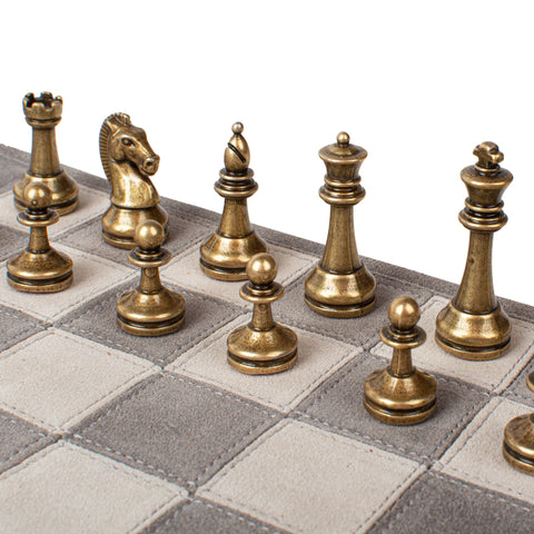 Manopoulos - Handcrafted Grey Suede Roll-Up Chess Set with Metal Chessmen