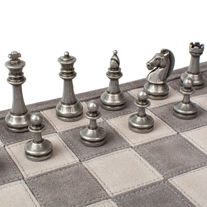 Manopoulos - Handcrafted Grey Suede Roll-Up Chess Set with Metal Chessmen