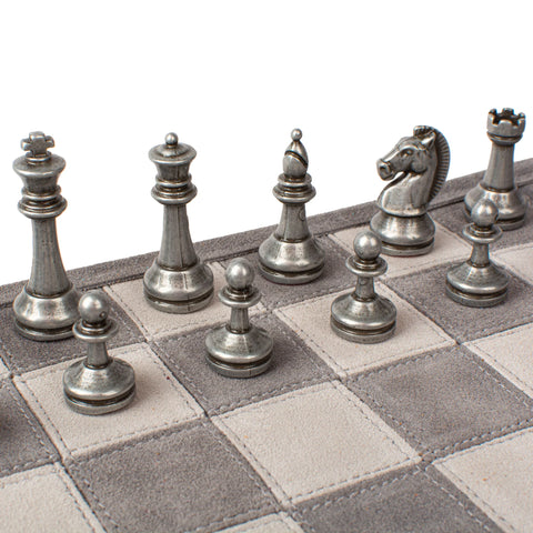Manopoulos - Handcrafted Grey Suede Roll-Up Chess Set with Metal Chessmen