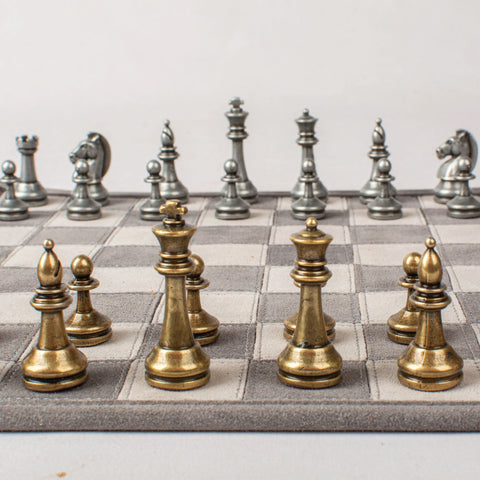 Manopoulos - Handcrafted Grey Suede Roll-Up Chess Set with Metal Chessmen