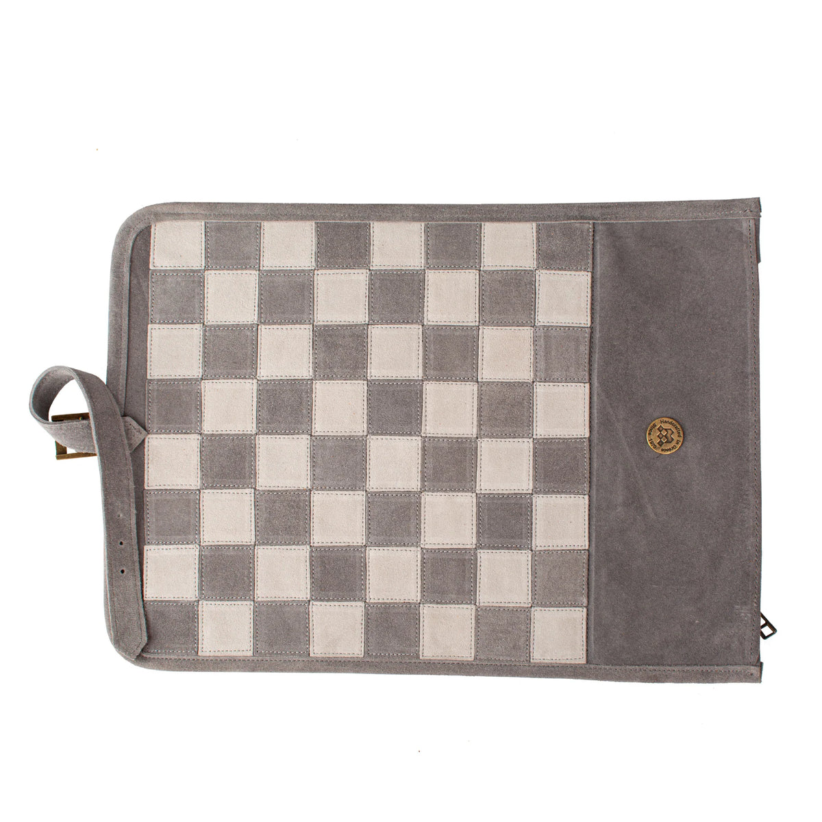Checkered pouch with a gray border on a white background