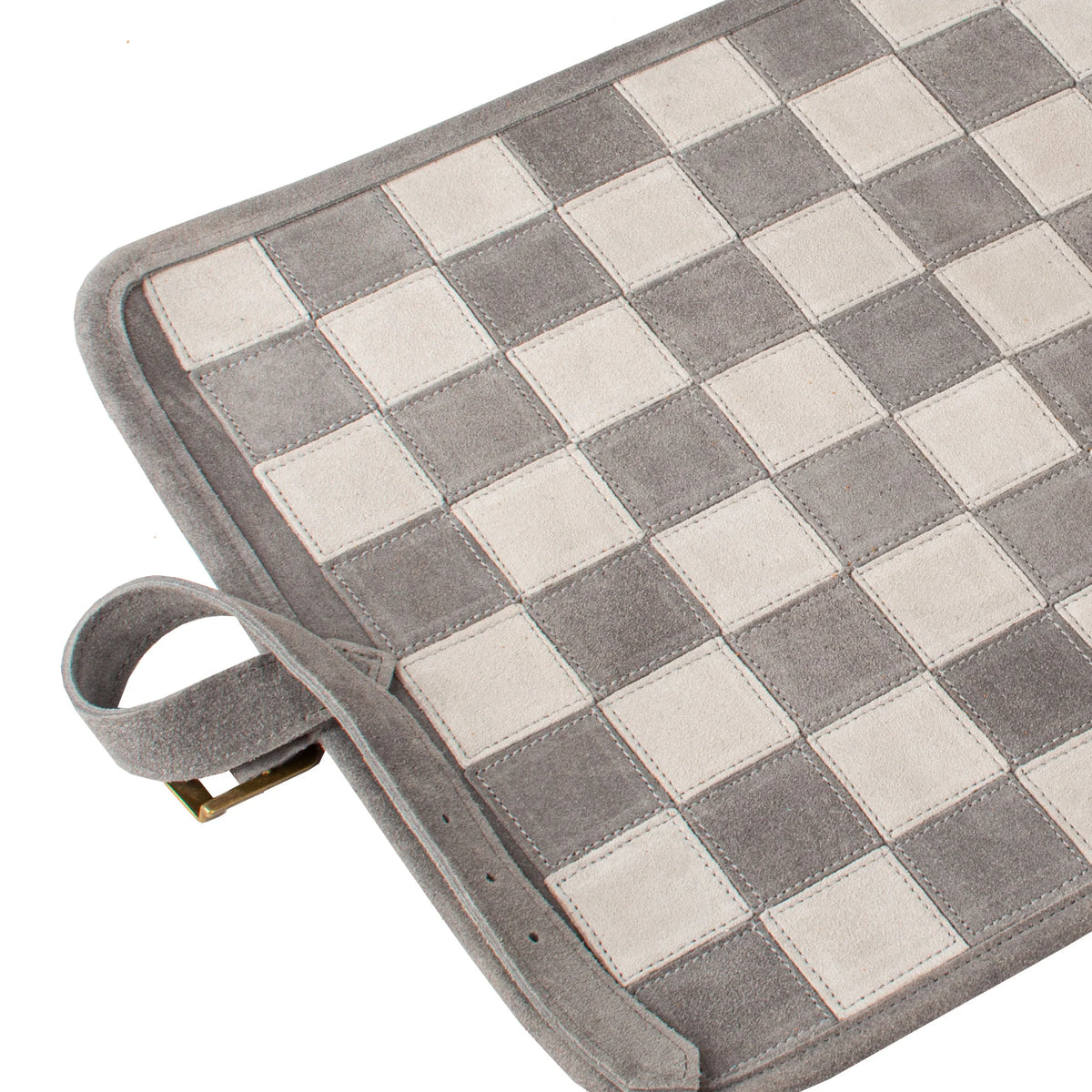 Checkered gray and white board with a handle on a white background