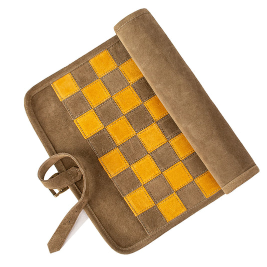 Manopoulos - Handcrafted Khaki Brown Suede Roll-Up Chess Set with Metal Chessmen