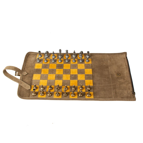 Manopoulos - Handcrafted Khaki Brown Suede Roll-Up Chess Set with Metal Chessmen