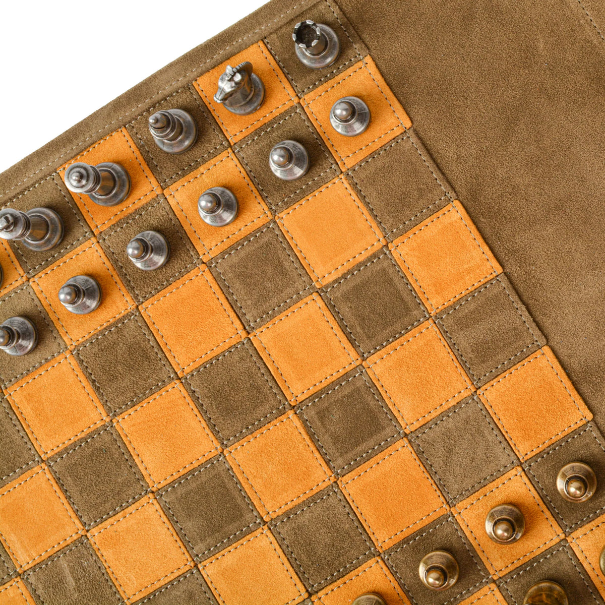 Manopoulos - Handcrafted Khaki Brown Suede Roll-Up Chess Set with Metal Chessmen