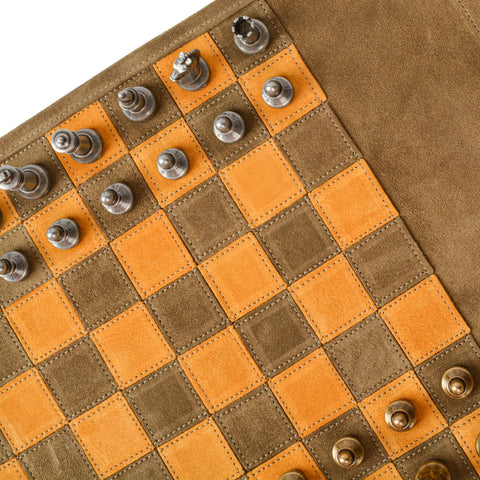 Manopoulos - Handcrafted Khaki Brown Suede Roll-Up Chess Set with Metal Chessmen