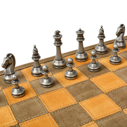 Manopoulos - Handcrafted Khaki Brown Suede Roll-Up Chess Set with Metal Chessmen
