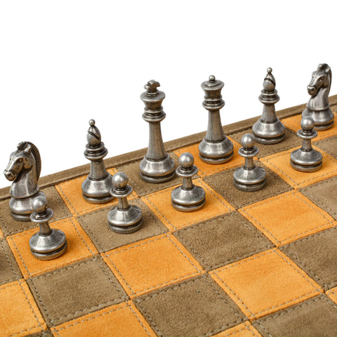 Manopoulos - Handcrafted Khaki Brown Suede Roll-Up Chess Set with Metal Chessmen