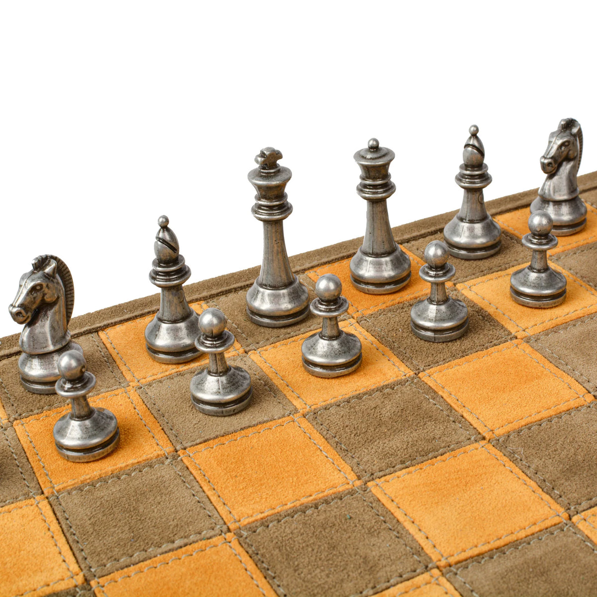 Manopoulos - Handcrafted Khaki Brown Suede Roll-Up Chess Set with Metal Chessmen