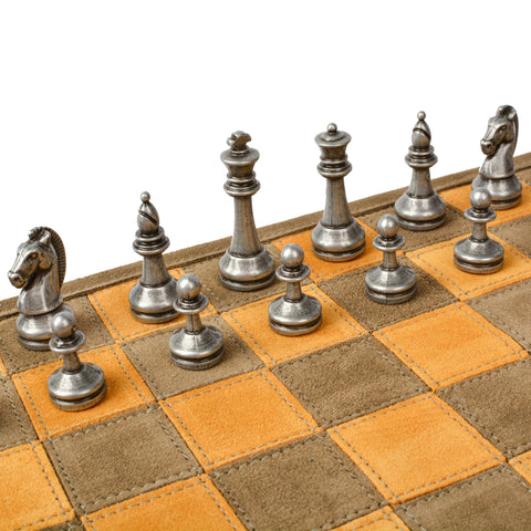 Manopoulos - Handcrafted Khaki Brown Suede Roll-Up Chess Set with Metal Chessmen