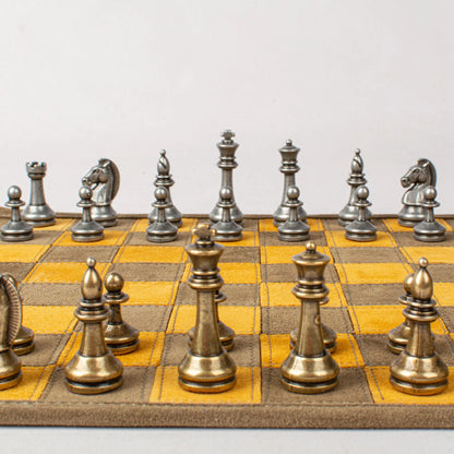 Manopoulos - Handcrafted Khaki Brown Suede Roll-Up Chess Set with Metal Chessmen