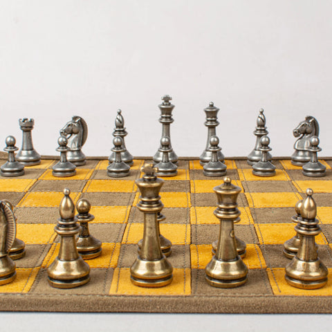 Manopoulos - Handcrafted Khaki Brown Suede Roll-Up Chess Set with Metal Chessmen