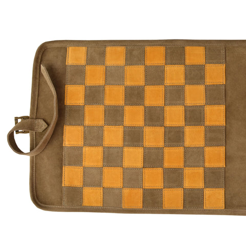 Manopoulos - Handcrafted Khaki Brown Suede Roll-Up Chess Set with Metal Chessmen