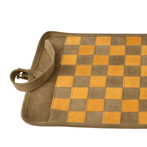 Manopoulos - Handcrafted Khaki Brown Suede Roll-Up Chess Set with Metal Chessmen