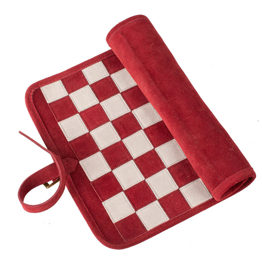 Manopoulos - Handcrafted Burgundy Red Suede Roll-Up Chess Set with Metal Chessmen