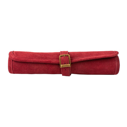 Manopoulos - Handcrafted Burgundy Red Suede Roll-Up Chess Set with Metal Chessmen