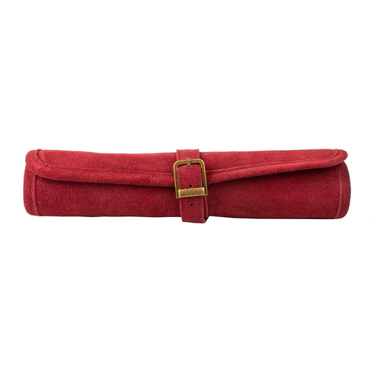 Manopoulos - Handcrafted Burgundy Red Suede Roll-Up Chess Set with Metal Chessmen