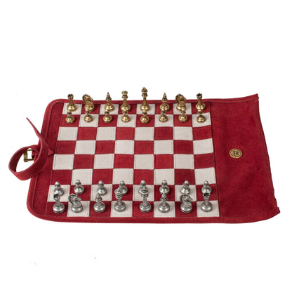 Manopoulos - Handcrafted Burgundy Red Suede Roll-Up Chess Set with Metal Chessmen